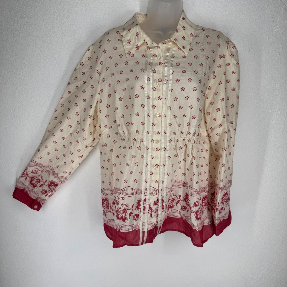 Womens Red Floral Paisley Smocked Waist Button Blouse XL Cottagecore Boho Shabby